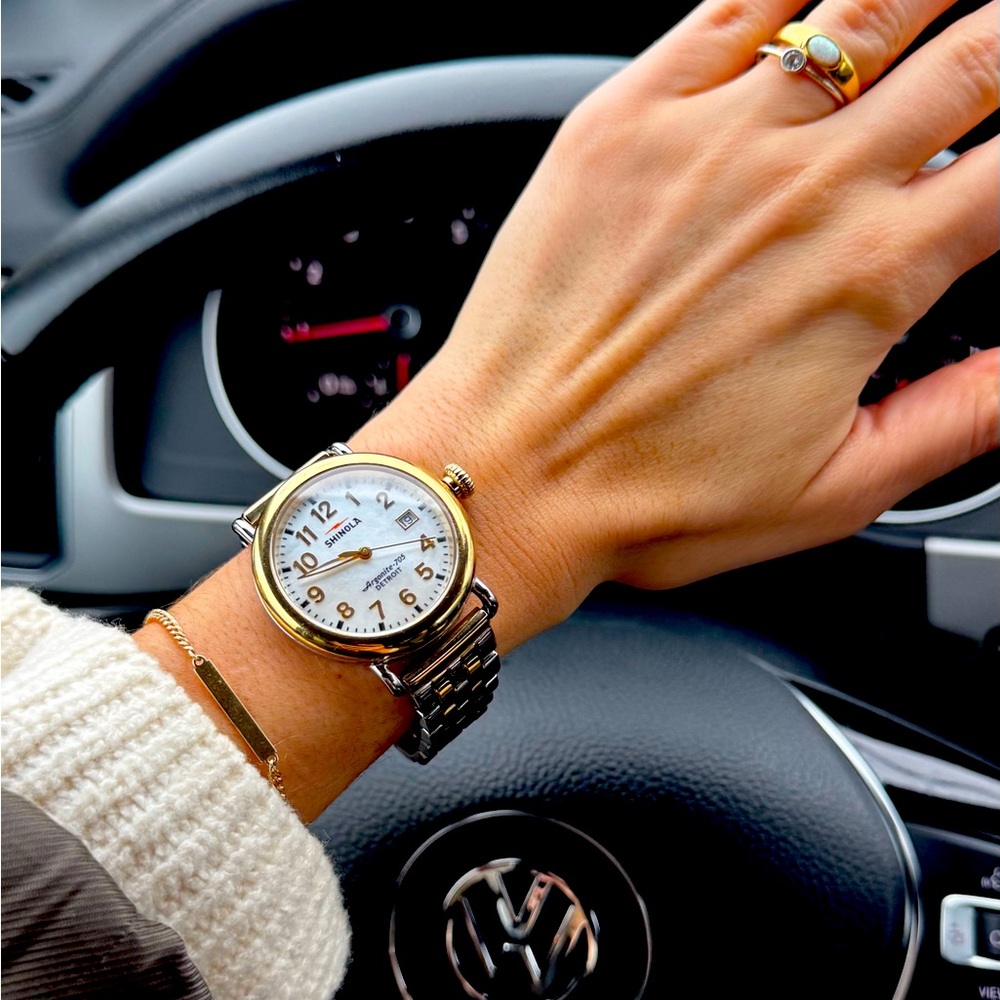 Shinola mother of pearl face gold and silver watch